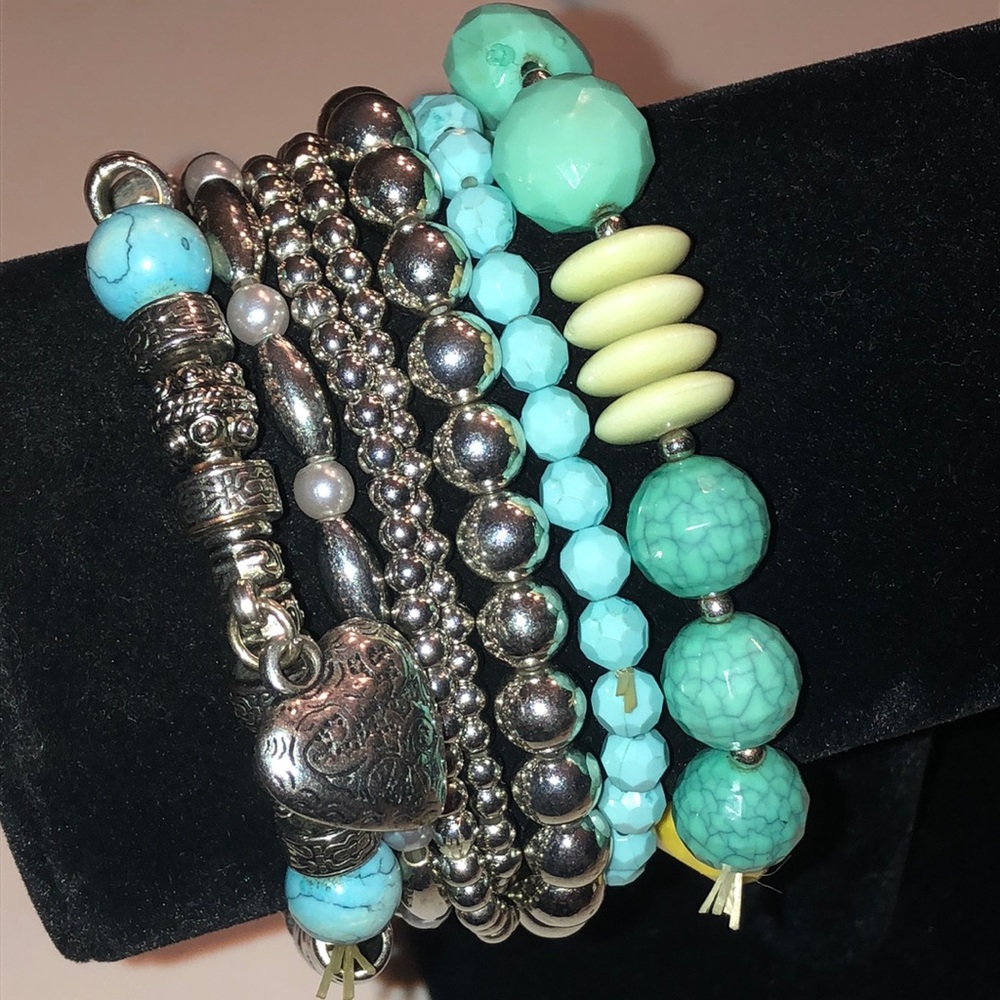 Turquoise and Silver Tone Beaded Boho Stretchy Bracelet Set